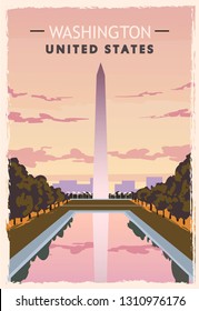 Washington monument retro poster. USA Washington  travel illustration. United States of America greeting card. vector illustration.