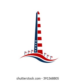 Washington monument stars and stripes.Concept of commemoration, DC landmark, patriotism. Vector graphic design