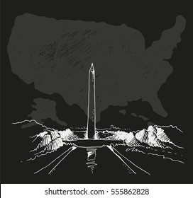 Washington Monument, United States of America, vector illustration on black background with silhouette map of USA