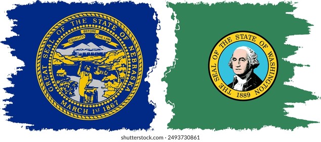 Washington and Nebraska states grunge brush flags connection, vector