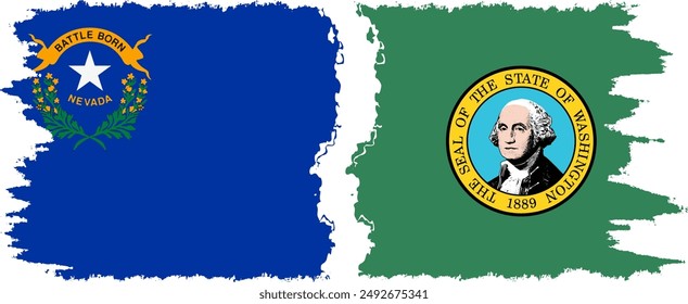 Washington and Nevada states grunge brush flags connection, vector