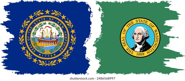 Washington and New Hampshire states grunge brush flags connection, vector