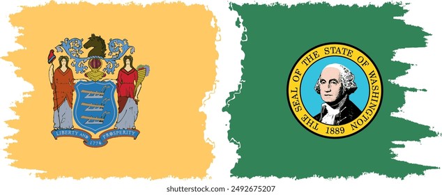 Washington and New Jersey states grunge brush flags connection, vector