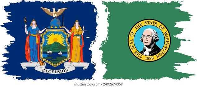 Washington and New York states grunge brush flags connection, vector