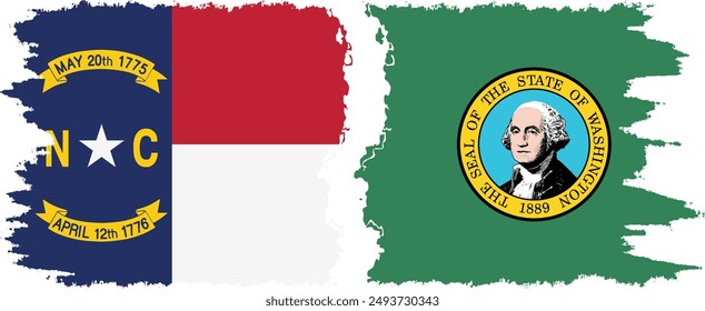 Washington and North Carolina states grunge brush flags connection, vector