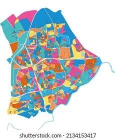 Washington, North East England, England colorful high resolution vector art map with city boundaries. White outlines for main roads. Many details. Blue shapes for water. 