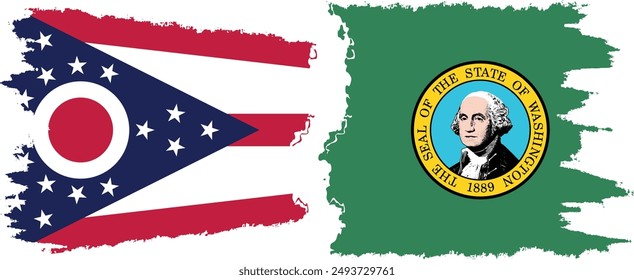 Washington and Ohio states grunge brush flags connection, vector