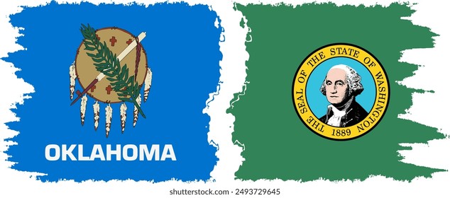 Washington and Oklahoma states grunge brush flags connection, vector