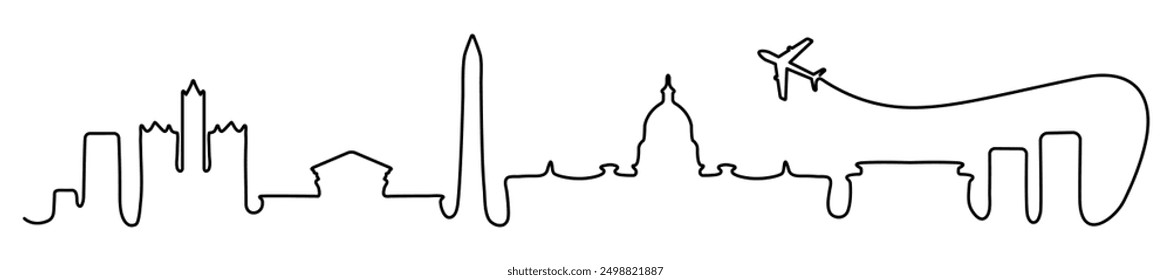 Washington edificios de una línea con avión volador. Arquitectura de arte del horizonte de la ciudad de Estados Unidos. Vida lineal mínima de la ciudad y concepto de viaje. Ilustración vectorial aislada en blanco.