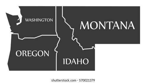 Washington - Oregon - Idaho - Montana Map labelled black illustration