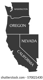 Washington - Oregon - Nevada - California Map labelled black illustration