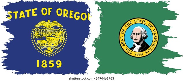 Washington and Oregon states grunge brush flags connection, vector