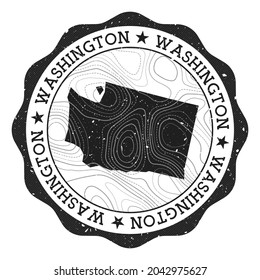 Washington outdoor stamp. Round sticker with a map of the U.S. state featuring topographic isolines. Vector illustration. Can be used as an insignia, logotype, label, sticker, or badge of Washington.