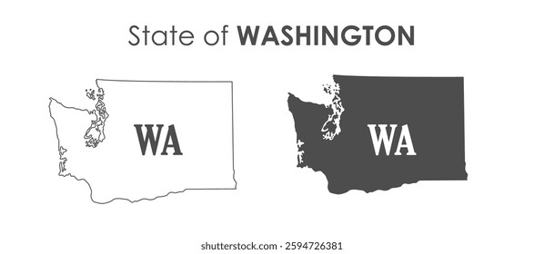 Washington. The outline and silhouette of the state with the abbreviated abbreviation of the name. The state border. A template for the design of printed products