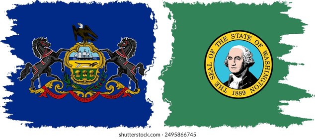 Washington and Pennsylvania states grunge brush flags connection, vector