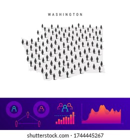 Washington people map. Detailed vector silhouette. Mixed crowd of men and women icons. Population infographic elements. Vector illustration isolated on white.