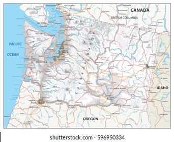 Washington physical state map with a main relief, rivers, lakes and highways. White and grey.