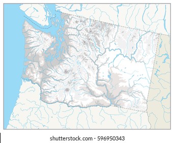 Washington physical state map with a main relief, rivers, lakes and highways. White and grey.No text.