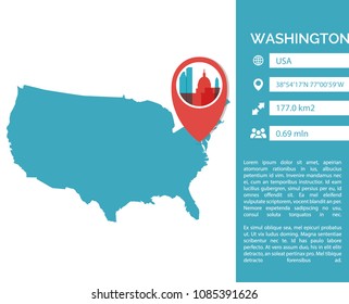 Washington pin point map shape vector infographics template. Modern city data statistic isolated illustration