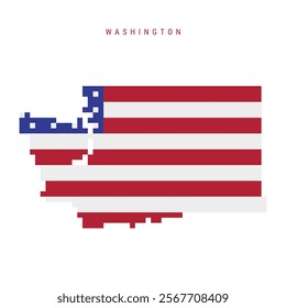 Washington pixel flag map icon. 8 bit pixel art map covered with american flag. Flat vector illustration isolated on white background.