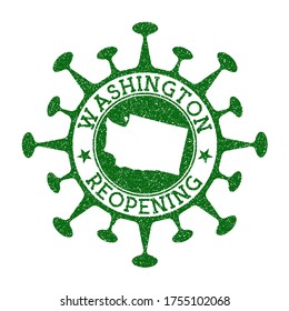 Washington Reopening Stamp. Green round badge of US state with map of Washington. US state opening after lockdown. Vector illustration.