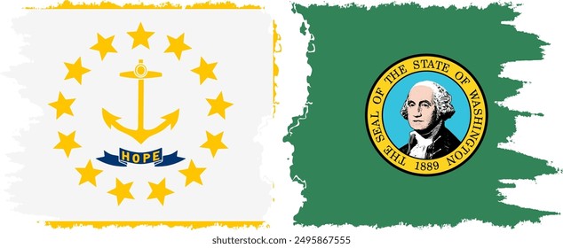 Washington and Rhode Island states grunge brush flags connection, vector