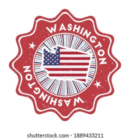 Estampilla de grano redonda de Washington con el mapa estatal y la bandera del país. Señal vintage con texto circular y estrellas, ilustración vectorial.