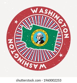 Washington round stamp. Logo of US state with state flag. Vintage badge with circular text and stars, vector illustration.