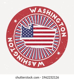 Washington round stamp. Logo of US state with flag. Vintage badge with circular text and stars, vector illustration.