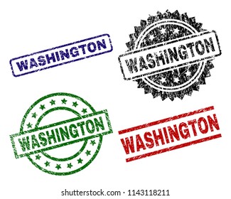 WASHINGTON seal prints with distress texture. Black, green,red,blue vector rubber prints of WASHINGTON text with retro surface. Rubber seals with round, rectangle, medal shapes.