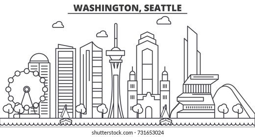 Washington, Seattle architecture line skyline illustration. Linear vector cityscape with famous landmarks, city sights, design icons. Landscape wtih editable strokes