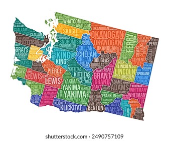 Washington shape. State word cloud with county division. Washington colored illustration. County names cloud. Vector illustration.