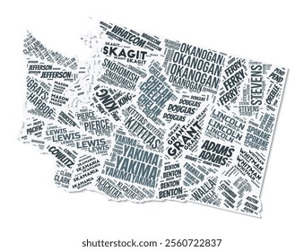 Washington shape text cloud. State border with shadow on white background. Washington with counties division in vintage gazette style. Vibrant vector illustration.