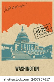 Washington Sight Postcard Retro Style Illustration. Capitol Building, Mail Stamp Imprint, Vintage Colors, Old Paper Texture Background, Handwriting Wishes