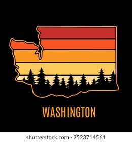 Silhueta de Washington com Retro Sunset e ilustração de floresta