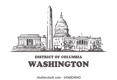 Washington sketch skyline. Washington, District of Columbia hand drawn vector illustration. Isolated on white background.