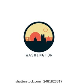 Washington skyline, downtown panorama logo, logotype. USA, DC capital state round badge contour, isolated vector vintage pictogram with monuments, landmarks