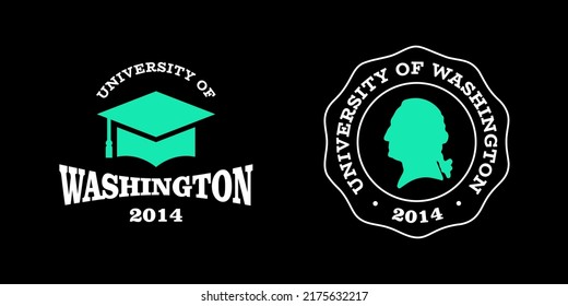Washington slogan typography graphics for t-shirt. University print and logo for apparel. T-shirt design with shield and graduate hat. Vector illustration.