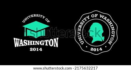 Washington slogan typography graphics for t-shirt. University print and logo for apparel. T-shirt design with shield and graduate hat. Vector illustration.