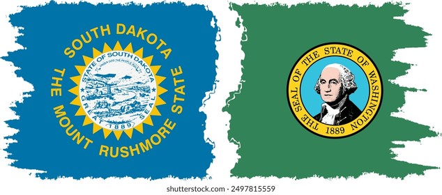 Washington and South Dakota states grunge brush flags connection, vector