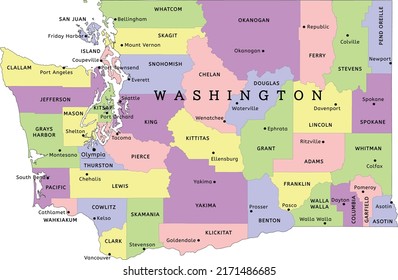 Washington state administrative map with counties and seats. Clored. Vectored. Yellow, green, blue, pink, violet