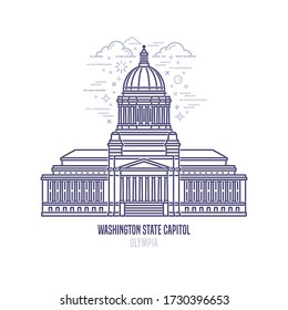 Washington State Capitol located in Olympia city. The state capitol building and government of U.S. state Washington. The great example of American Neoclassical style. City sight linear vector logo