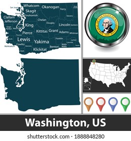 Estado de Washington con condados y ubicación en el mapa estadounidense. Imagen del vector