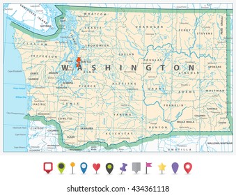 Washington state detailed map and flat icon set.