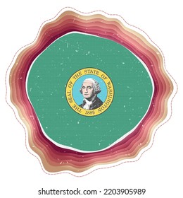 Washington state flag in a circular frame. Badge of the US state. Layered circular sign around Washington flag. Radiant vector illustration.