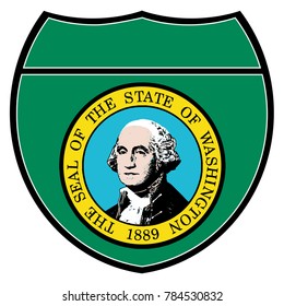 Washington state flag in an interstate sign over a white background