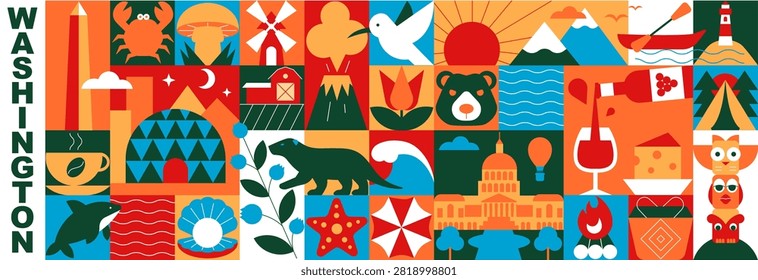 Washington State Geometric Seamless Pattern and Banner with Travel, Holiday and Vacation Symbols, Nature, Architecture, Wildlife and Tourism Mosaic Elements, Colorful Vector Illustration