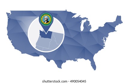 Washington State magnified on United States map. Abstract USA map in blue color. Vector illustration.