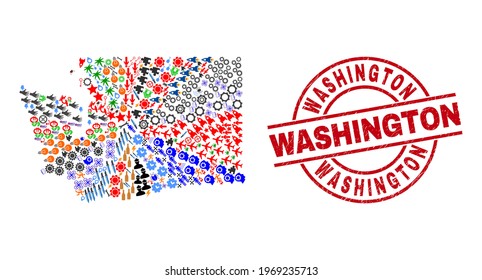Washington State map collage and grunge Washington red round stamp imitation. Washington stamp uses vector lines and arcs. Washington State map collage includes helmets, homes, showers, bugs,