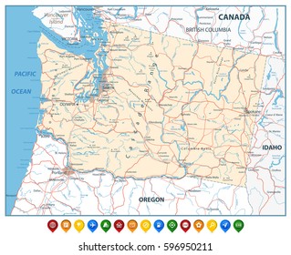 Washington state map with colorful map pointers with roads, rivers, lakes and highways.